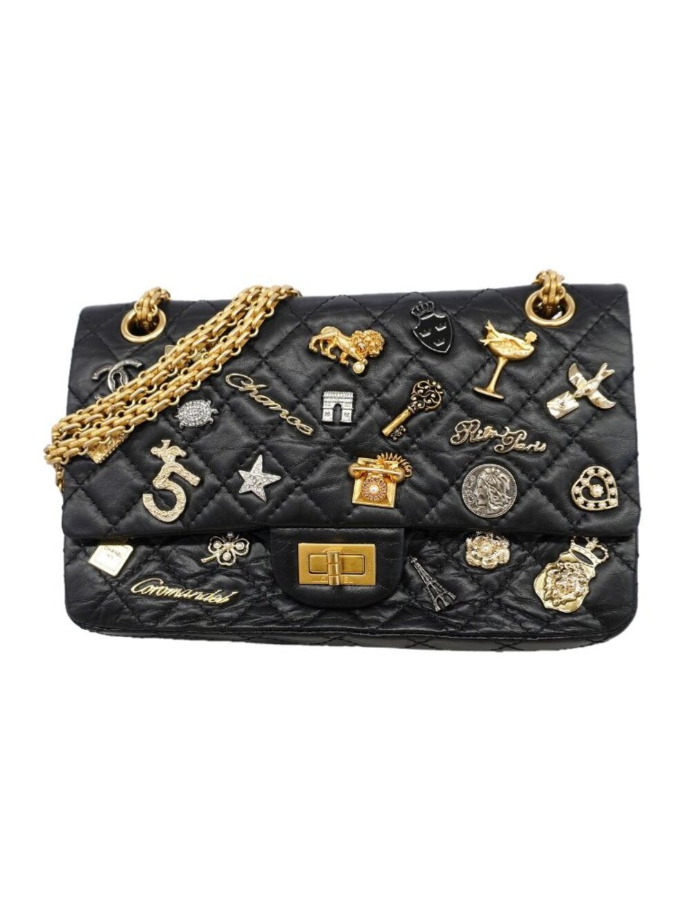 Chanel Shoulder Bag 2.55 Lac Key Charm Calfskin Black Gold